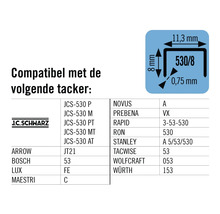 Compatibele tackerlijst met afmetingen nietjes