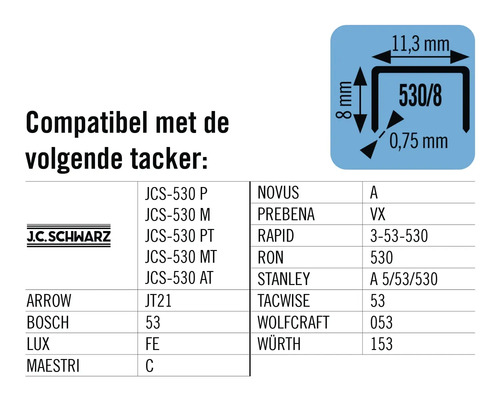 Compatibele tackerlijst met afmetingen nietjes