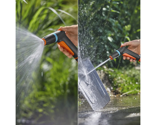 Tuinspuitpistool in gebruik voor het reinigen van een schop en het bewateren van planten