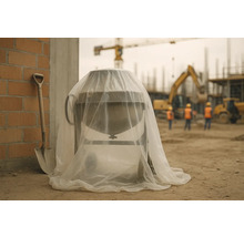 Betonmolen met beschermfolie op een bouwplaats, naast een schep.