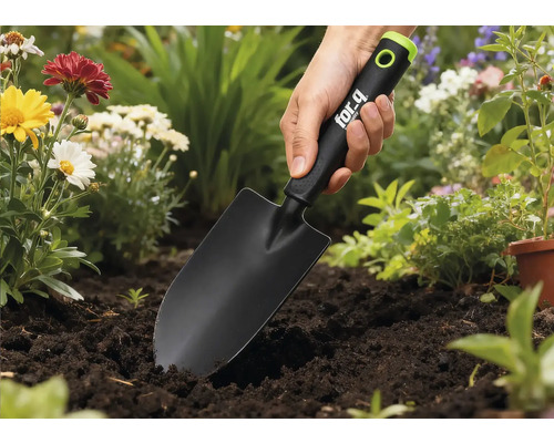 Tuinschep in gebruik in een bloembed.