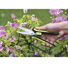 Tuinschaar in een hand voor een bloeiende plant