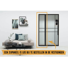 Kamerimpressie met een binnendeur met glazen inzet en zwart frame