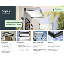 Infographic voor deurluifel Sophia met details over design, weerbestendigheid, 3 jaar garantie en geïntegreerde regengoot bij een entree.