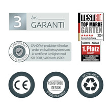 Symbolen voor drie jaar garantie, Test Bild Top Marke Garten 2024 prijs, ISO-certificering, CE-markering, geregistreerd ontwerp en recyclebaar.