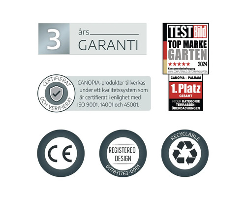 Symbolen voor drie jaar garantie, Test Bild Top Marke Garten 2024 prijs, ISO-certificering, CE-markering, geregistreerd ontwerp en recyclebaar.