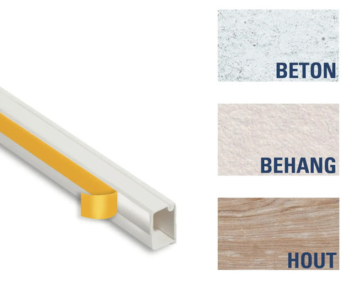 Kunststof kabelgeleidingskanaal met plakstrip voor bevestiging op beton, behang of hout