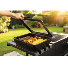 Grillbox met steak, paprika en maiskolven op barbecue in de tuin