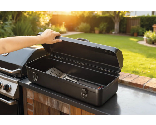 Open barbecuebestekdoos met spatel naast barbecue in de tuin.