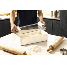 Deegbak met deksel en twee deegrollers, plus bloem op een aanrecht