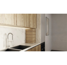 Moderne keuken met gootsteen, kraan, werkblad en houten kast