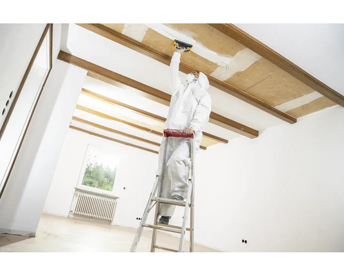 Ambachtsman op een ladder die renovatiewerkzaamheden uitvoert aan een plafond in een heldere ruimte.