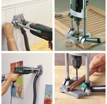 Meerdere aanzichten van een boormachine met stofafzuiging en boorstandaards in gebruik.