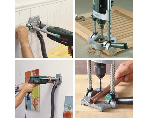 Meerdere aanzichten van een boormachine met stofafzuiging en boorstandaards in gebruik.