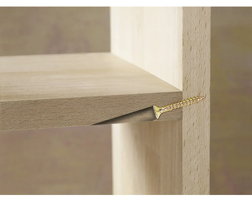 Detail van een plank die met een schroef aan de zijwand is bevestigd