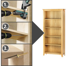 Montage-instructies voor een houten plankenkast met schroeven en gereedschap