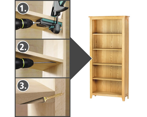 Montage-instructies voor een houten plankenkast met schroeven en gereedschap