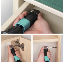 Toepassing van het Wolfcraft hoekopzetstuk met boor en schroevendraaier