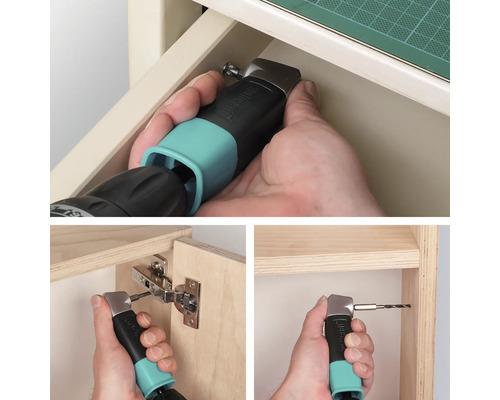 Toepassing van het Wolfcraft hoekopzetstuk met boor en schroevendraaier