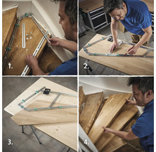 Meerdelige afbeelding over het gebruik van een trapsjabloon voor het op maat snijden van houten treden