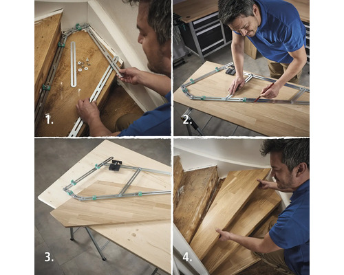 Meerdelige afbeelding over het gebruik van een trapsjabloon voor het op maat snijden van houten treden