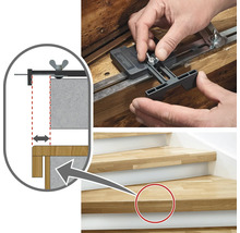 Gebruik van een trapboom-montageleer van Wolfcraft op een houten trap