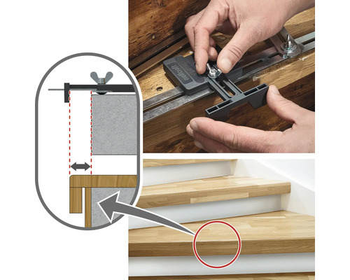 Gebruik van een trapboom-montageleer van Wolfcraft op een houten trap