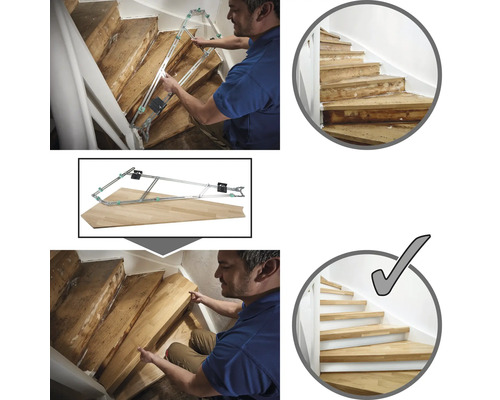 Demonstratie van traprenovatie met een sjabloon en een voor-en-na vergelijking.