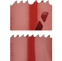 Detail van een gatenzaag met tanden en uitsparingen