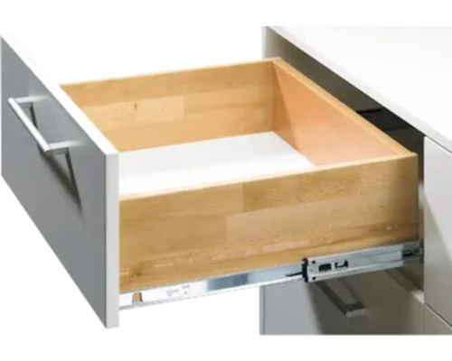 Open houten lade met geleiderails