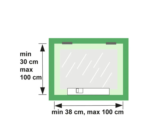 Illustratie van de minimum en maximum afmetingen van een spiegelkast