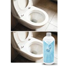 Voor-en-na vergelijking van een toilet en een fles urinesteenverwijderaar
