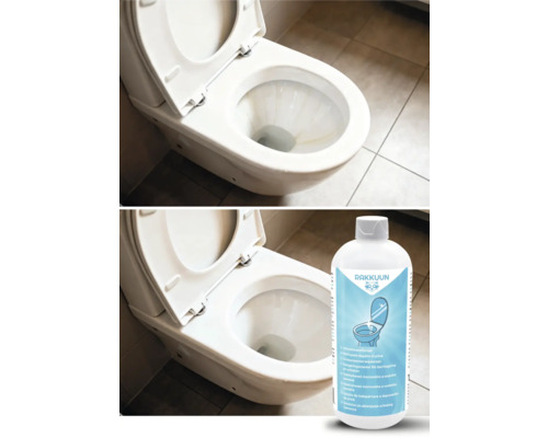Voor-en-na vergelijking van een toilet en een fles urinesteenverwijderaar