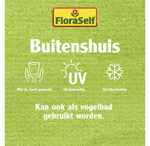 FloraSelf logo met de tekst Buitenshuis, de symbolen handgemaakt, UV-bestendig en vorstbestendig