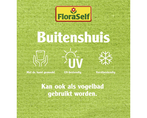 FloraSelf logo met de tekst Buitenshuis, de symbolen handgemaakt, UV-bestendig en vorstbestendig