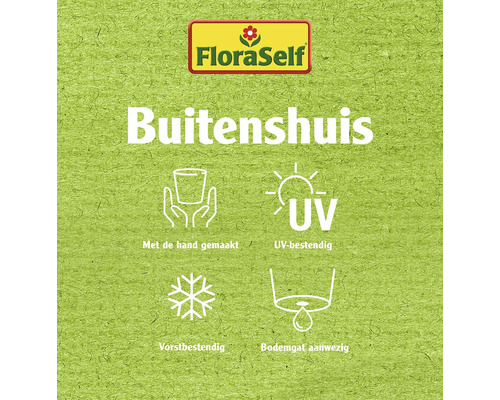 FloraSelf logo. Producteigenschappen: Handgemaakt, UV-bestendig, vorstbestendig, bodemgat aanwezig.