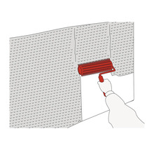 Illustratie van een noppenfolie die met een prikrol wordt bevestigd.