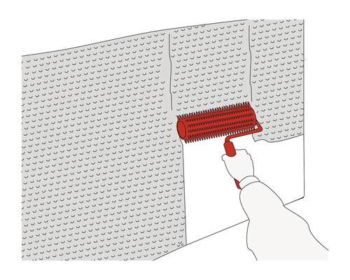 Illustratie van een noppenfolie die met een prikrol wordt bevestigd.