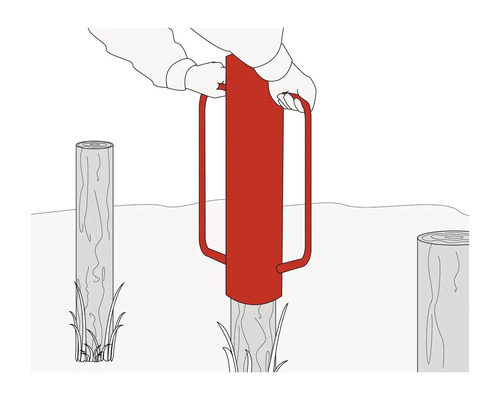 Illustratie van een paalhamer in gebruik om een houten paal in de grond te slaan.