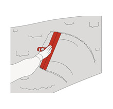 Illustratie van een hand die een plamuurmes gebruikt voor wanddecoratie.