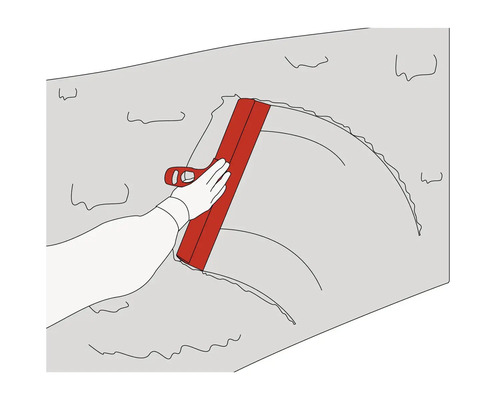 Illustratie van een hand die een plamuurmes gebruikt voor wanddecoratie.