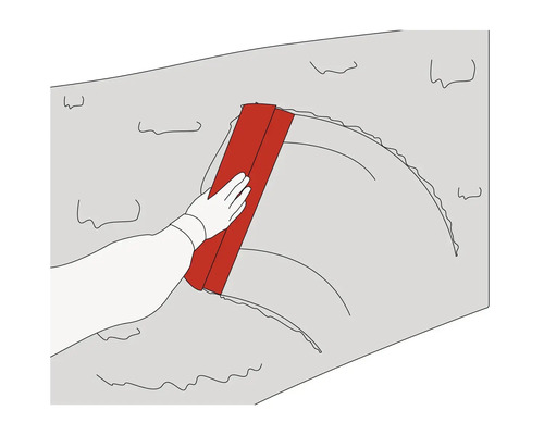 Illustratie van een hand die een muur bewerkt met een plamuurmes