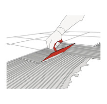 Illustratie van een persoon die met een lijmkam tegellijm aanbrengt op een oppervlak.