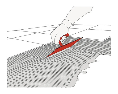 Illustratie van een persoon die met een lijmkam tegellijm aanbrengt op een oppervlak.