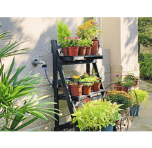 Bloemen op een rek en in potten buitenshuis.