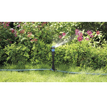 Tuinscene met gazonsproeier die planten besproeit