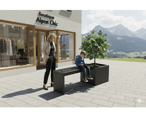 Bank met plantenbak voor een winkel met alpine-chique thema, een vrouw en een kind