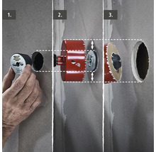 Drie stappen om een gat te boren met een gatenzaag in een muur.