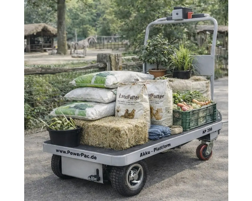 Elektrische kruiwagen met diervoeder, hooi, planten en groenten voor de dierentuinbenodigdheden
