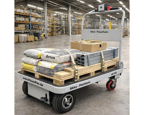 Accu platformwagen met bouwmaterialen op een pallet